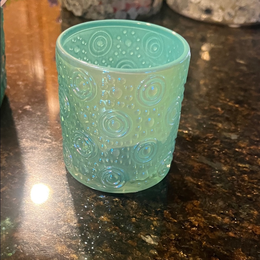 Aqua iridescent Glass Candle Holder Set - Picture 4 of 11